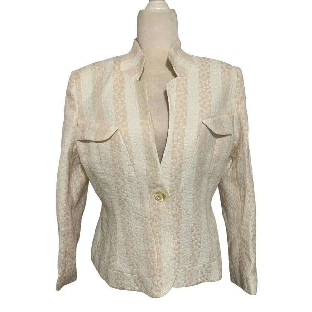 terry womens whote beige striped long sleeve blazer jacket 14 large Paris